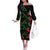 Hawaiian Green Kakau Art Tattoo-Ohia Lehua and Taro Leaves Off The Shoulder Long Sleeve Dress