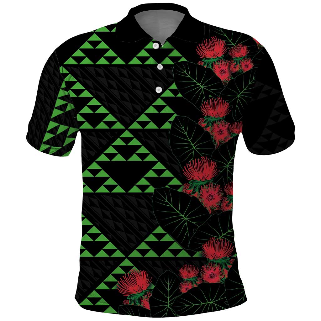 Hawaiian Green Kakau Art Tattoo-Ohia Lehua and Taro Leaves Polo Shirt