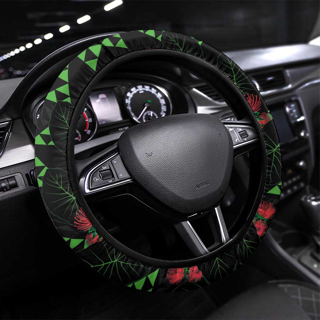 Hawaiian Green Kakau Art Tattoo-Ohia Lehua and Taro Leaves Steering Wheel Cover