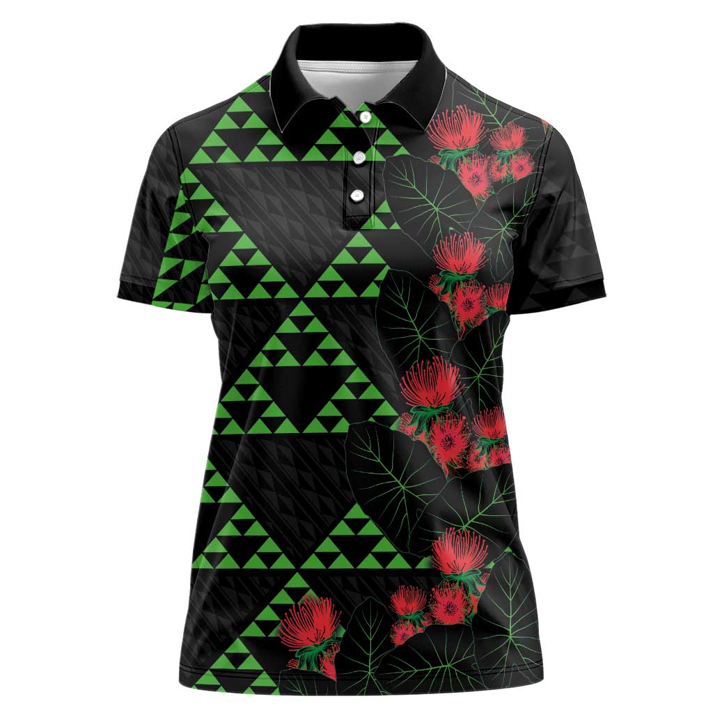 Hawaiian Green Kakau Art Tattoo-Ohia Lehua and Taro Leaves Women Polo Shirt