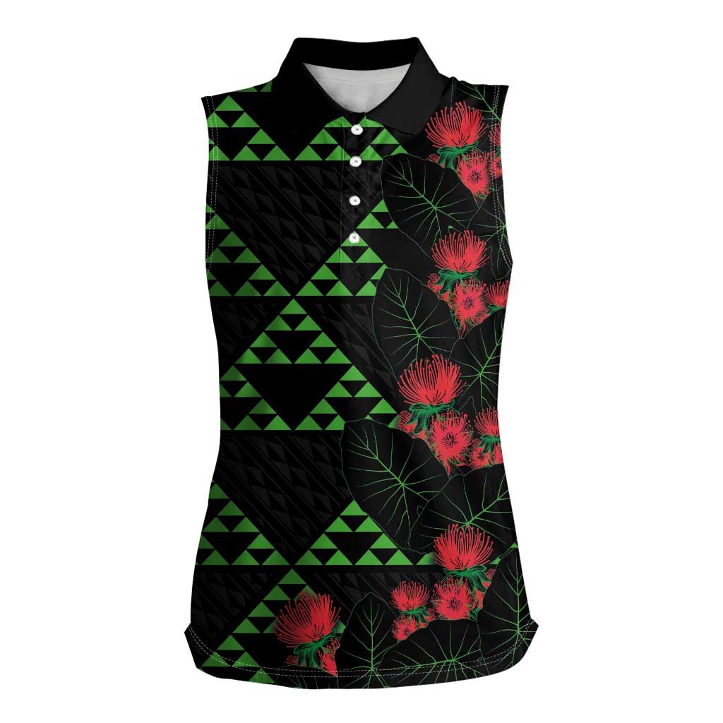 Hawaiian Green Kakau Art Tattoo-Ohia Lehua and Taro Leaves Women Sleeveless Polo Shirt