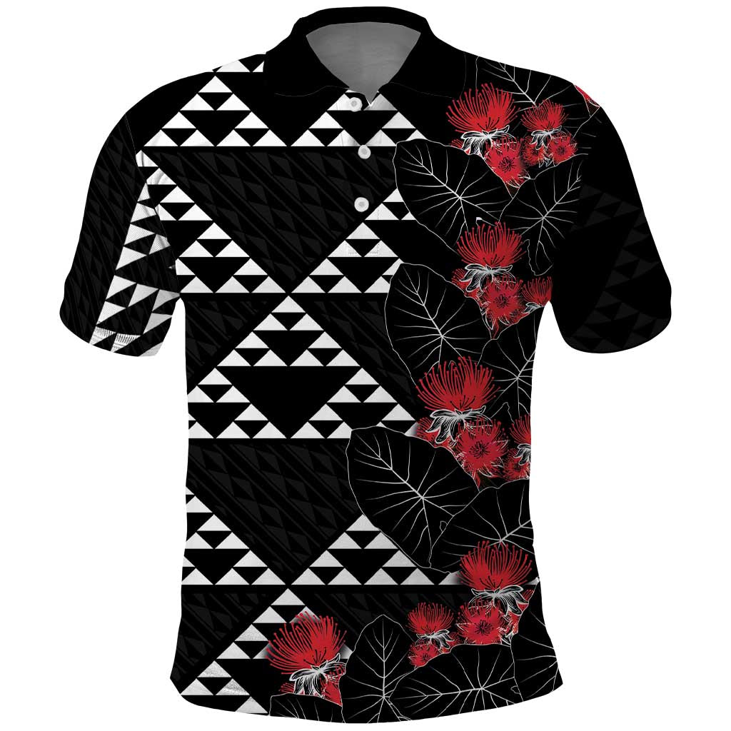 Hawaiian White Kakau Art Tattoo-Ohia Lehua and Taro Leaves Polo Shirt