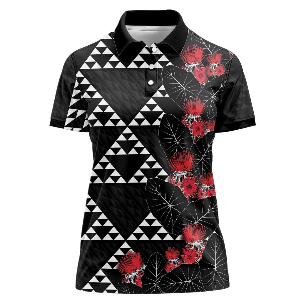 Hawaiian White Kakau Art Tattoo-Ohia Lehua and Taro Leaves Women Polo Shirt