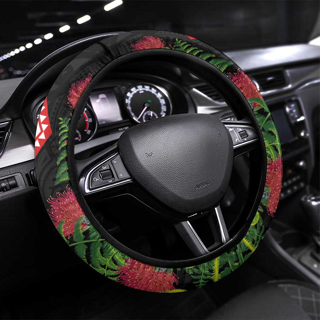 Aotearoa Tukutuku Motif Steering Wheel Cover Pohutukawa and Fern Leaves