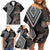 Aotearoa Tukutuku Motif Family Matching Off Shoulder Short Dress and Hawaiian Shirt Pohutukawa and Fern Leaves Grayscale Color