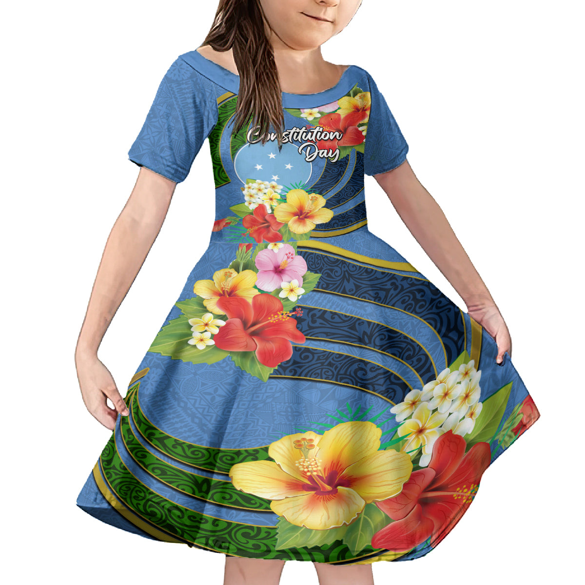 Micronesia Constitution Day Kid Short Sleeve Dress Hibiscus and Tapa Tribal Pattern LT03 KID Blue - Polynesian Pride