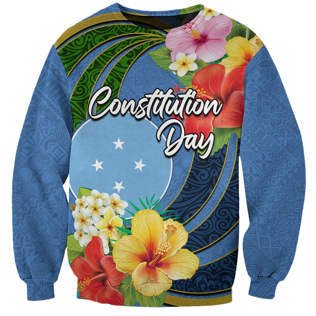 Micronesia Constitution Day Sweatshirt Hibiscus and Tapa Tribal Pattern LT03 Unisex Blue - Polynesian Pride