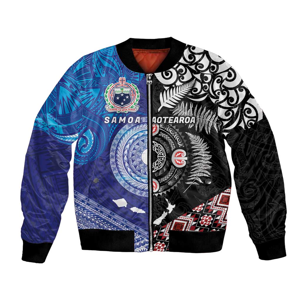 Samoa and Aotearoa Together Bomber Jacket Tatau Art Tattoos-Taniko and Maori with Fern LT03 Unisex Black - Polynesian Pride