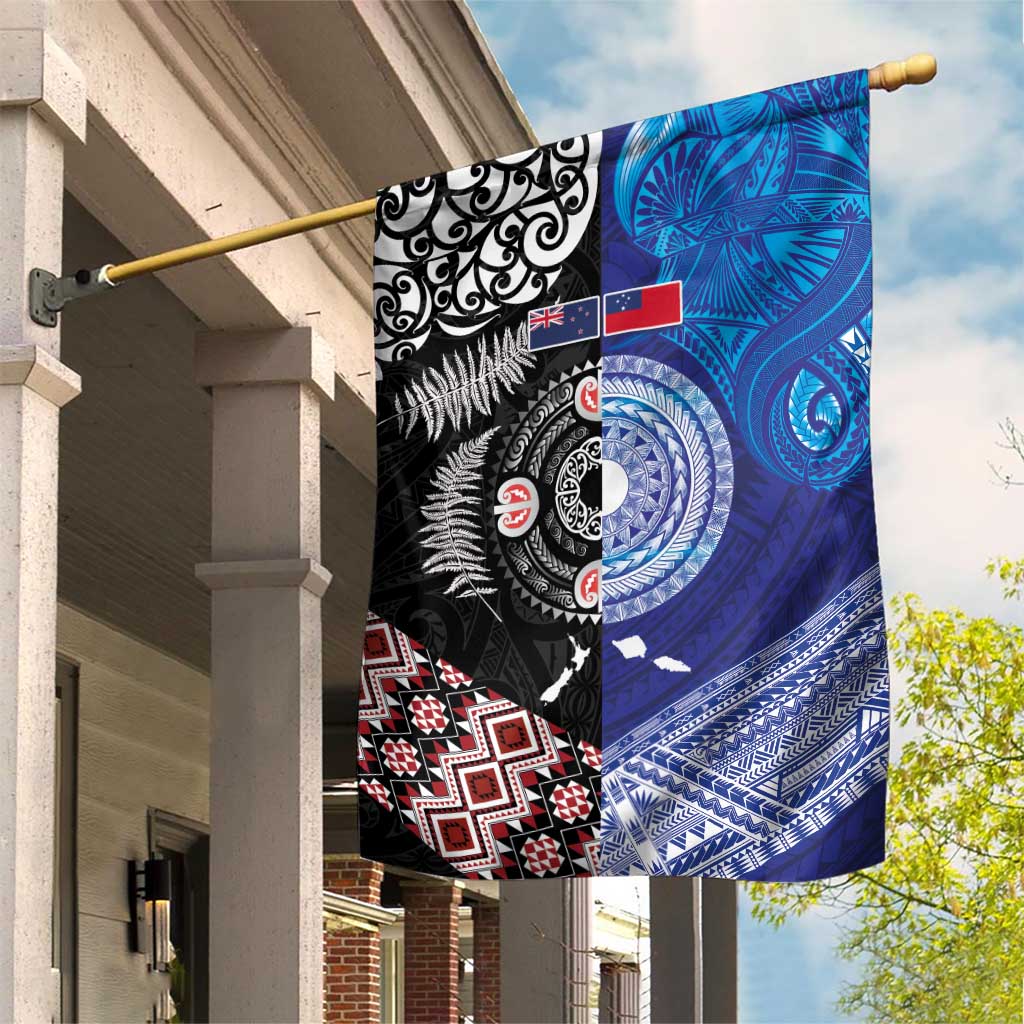 Samoa and Aotearoa Together Garden Flag Tatau Art Tattoos-Taniko and Maori with Fern LT03 House Flag Black - Polynesian Pride