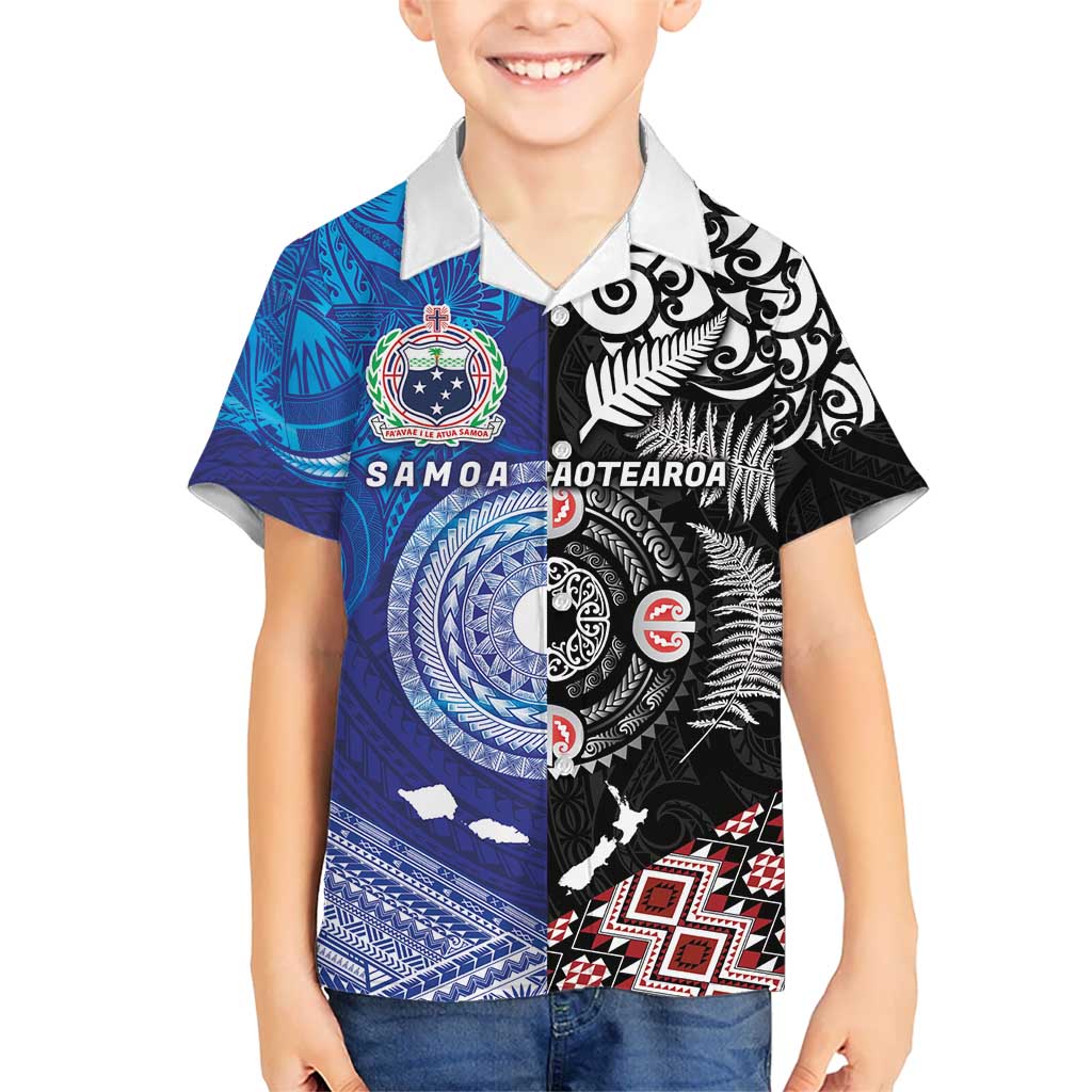 Samoa and Aotearoa Together Kid Hawaiian Shirt Tatau Art Tattoos-Taniko and Maori with Fern LT03 Kid Black - Polynesian Pride