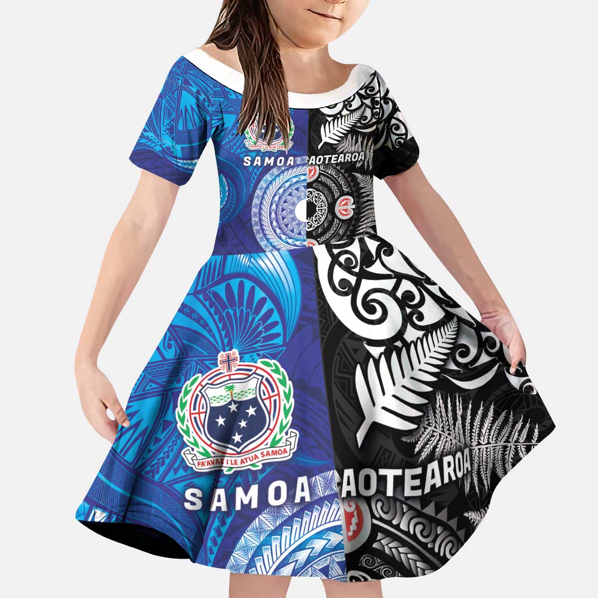 Samoa and Aotearoa Together Kid Short Sleeve Dress Tatau Art Tattoos-Taniko and Maori with Fern LT03 KID Black - Polynesian Pride