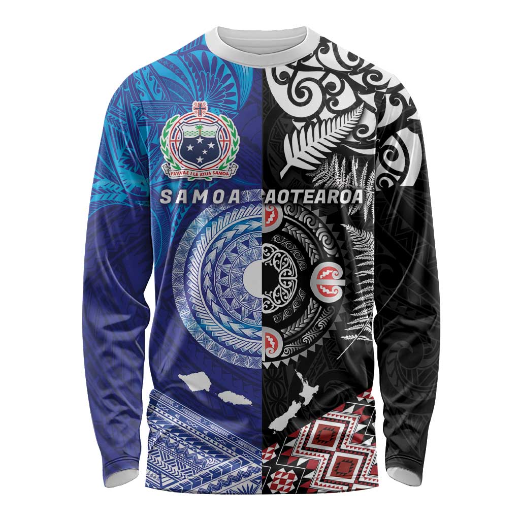 Samoa and Aotearoa Together Long Sleeve Shirt Tatau Art Tattoos-Taniko and Maori with Fern LT03 Unisex Black - Polynesian Pride