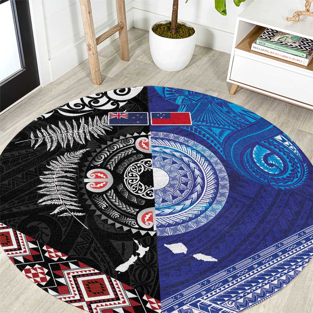 Samoa and Aotearoa Together Round Carpet Tatau Art Tattoos-Taniko and Maori with Fern LT03 Black - Polynesian Pride