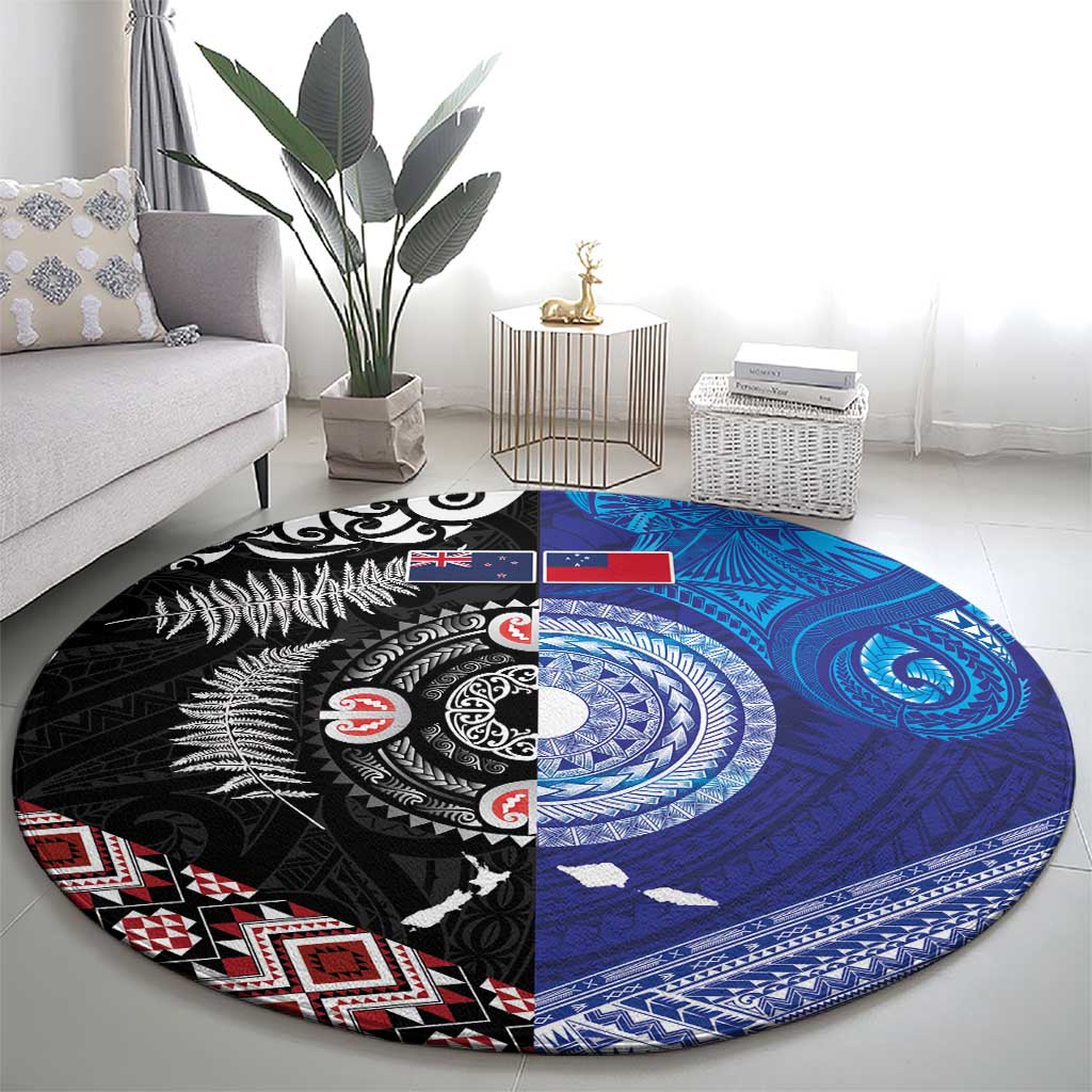 Samoa and Aotearoa Together Round Carpet Tatau Art Tattoos-Taniko and Maori with Fern LT03 - Polynesian Pride