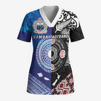 Samoa and Aotearoa Together Scrub Top Tatau Art Tattoos-Taniko and Maori with Fern LT03 Adult Black - Polynesian Pride