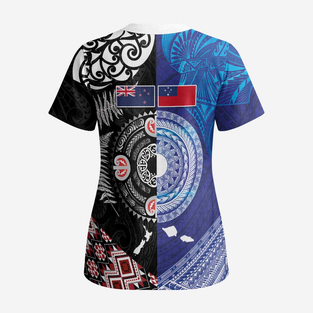 Samoa and Aotearoa Together Scrub Top Tatau Art Tattoos-Taniko and Maori with Fern LT03 - Polynesian Pride