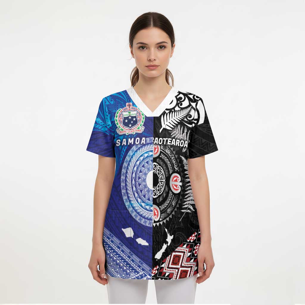 Samoa and Aotearoa Together Scrub Top Tatau Art Tattoos-Taniko and Maori with Fern LT03 - Polynesian Pride