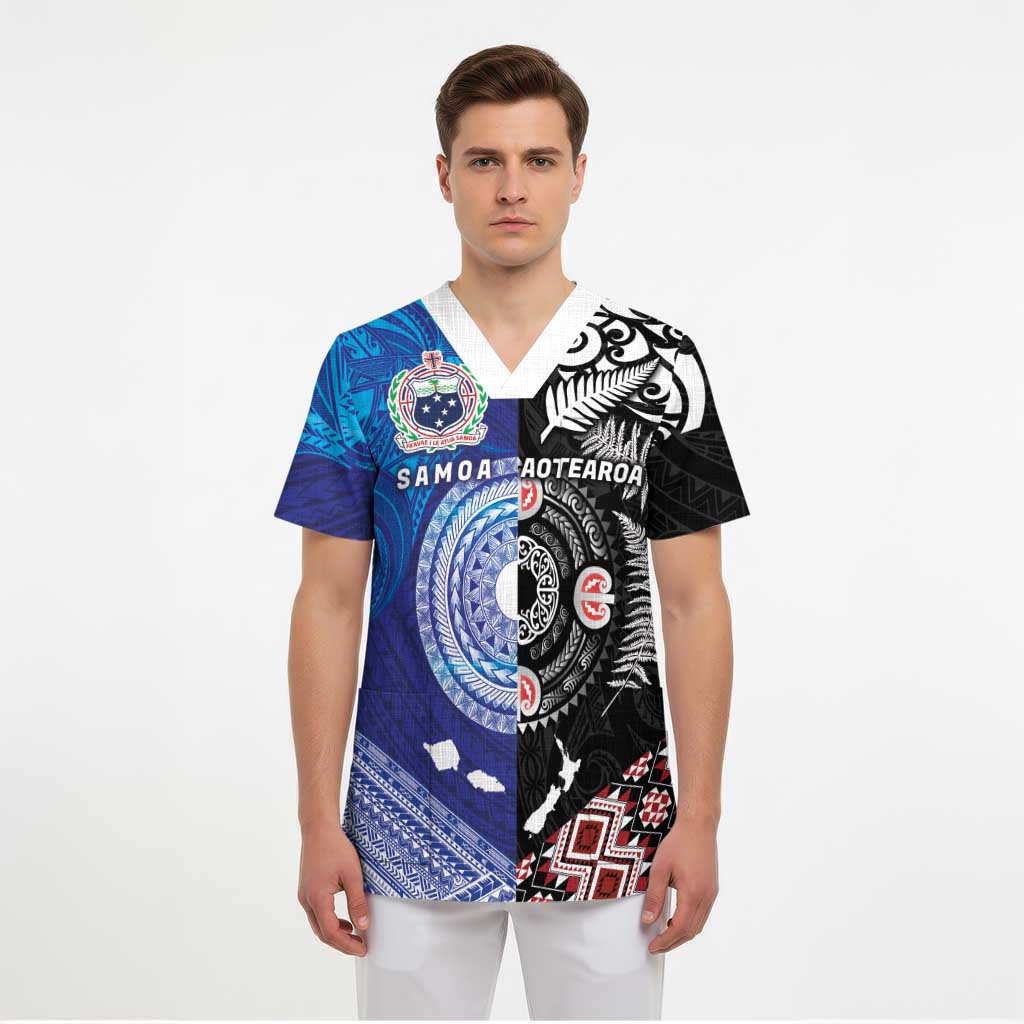 Samoa and Aotearoa Together Scrub Top Tatau Art Tattoos-Taniko and Maori with Fern LT03 - Polynesian Pride