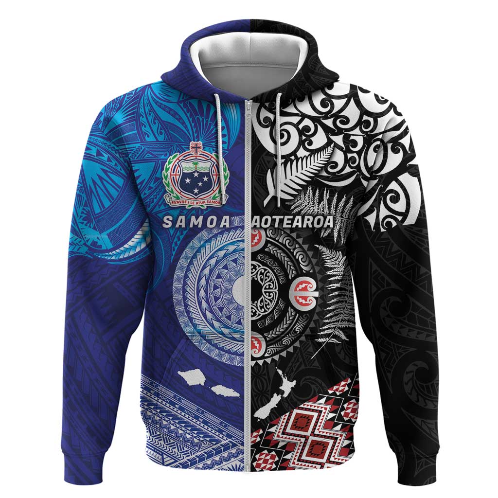 Samoa and Aotearoa Together Zip Hoodie Tatau Art Tattoos-Taniko and Maori with Fern LT03 Zip Hoodie Black - Polynesian Pride