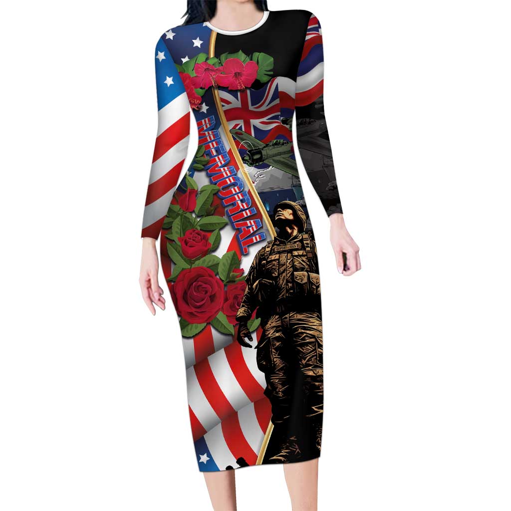 Hawaii and United States Memorial Day Long Sleeve Bodycon Dress Honor and Remember The Fallen LT03 Long Dress Blue - Polynesian Pride
