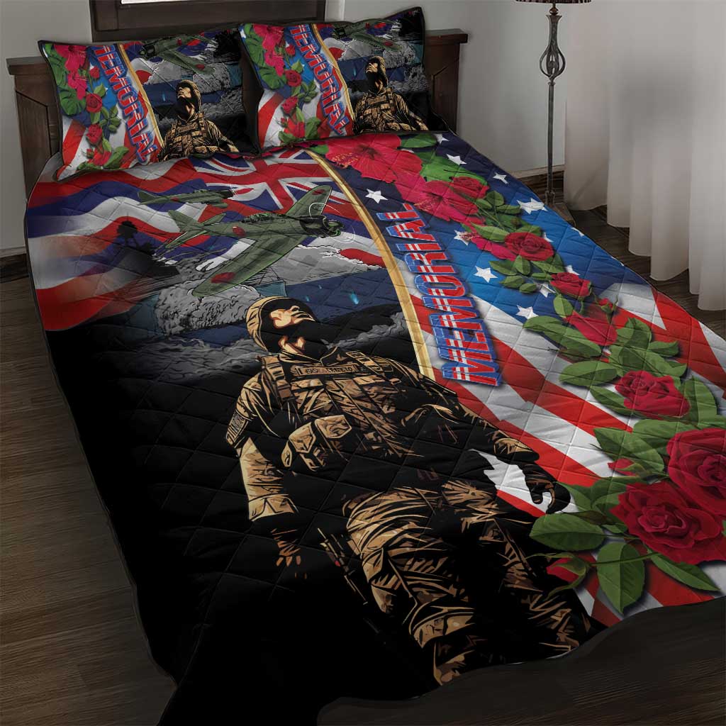 Hawaii and United States Memorial Day Quilt Bed Set Honor and Remember The Fallen