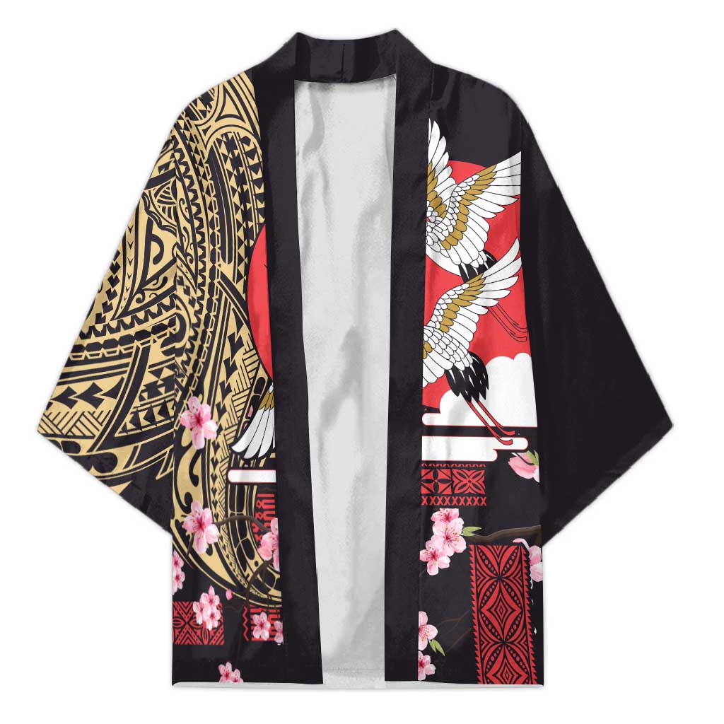 Japanese Culture and Hawaiian Tribal Kimono Sakura Blossom Tapa Pattern LT03 Unisex Black - Polynesian Pride