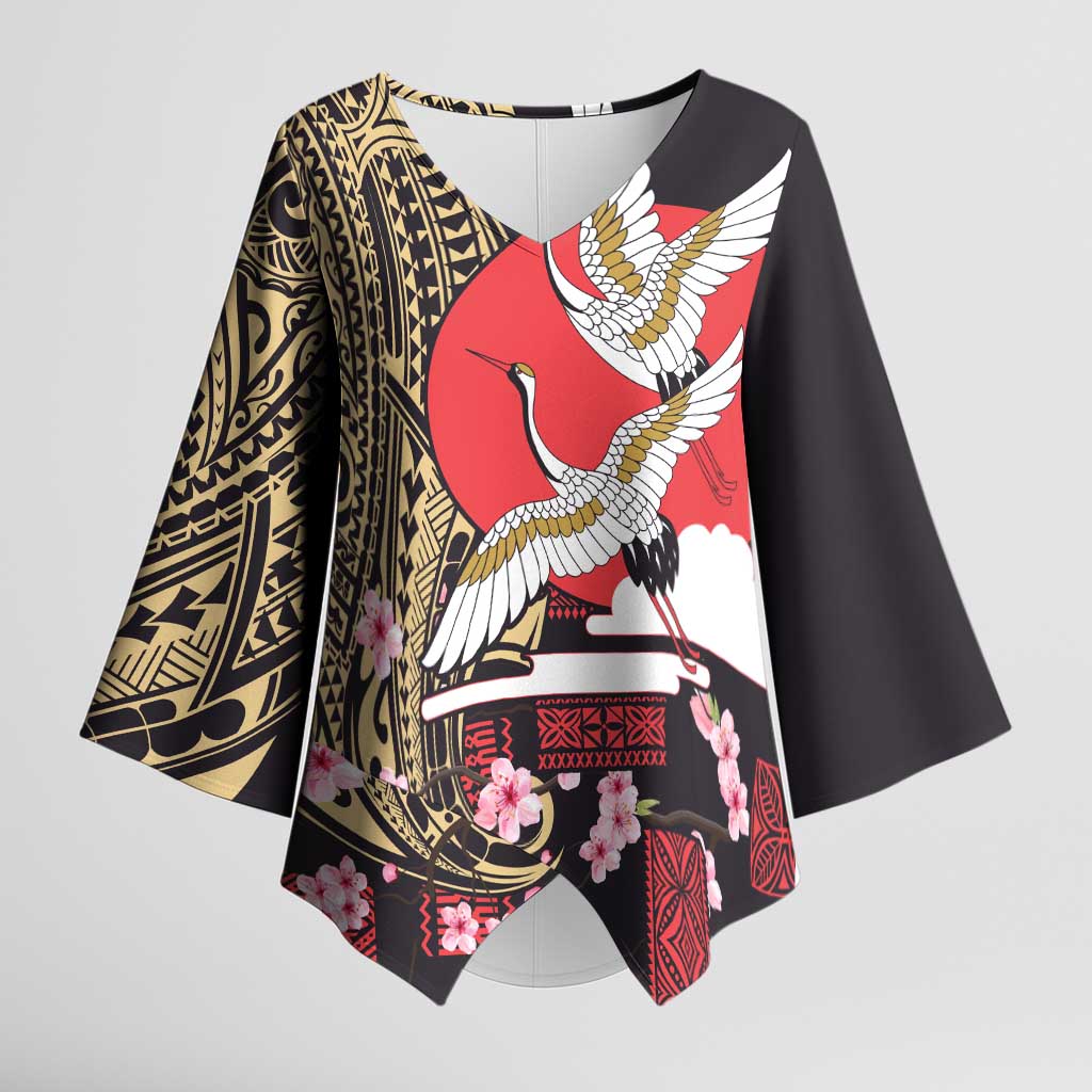 Japanese Culture and Hawaiian Tribal Kimono Sleeve Blouse Sakura Blossom Tapa Pattern LT03 Female Black - Polynesian Pride