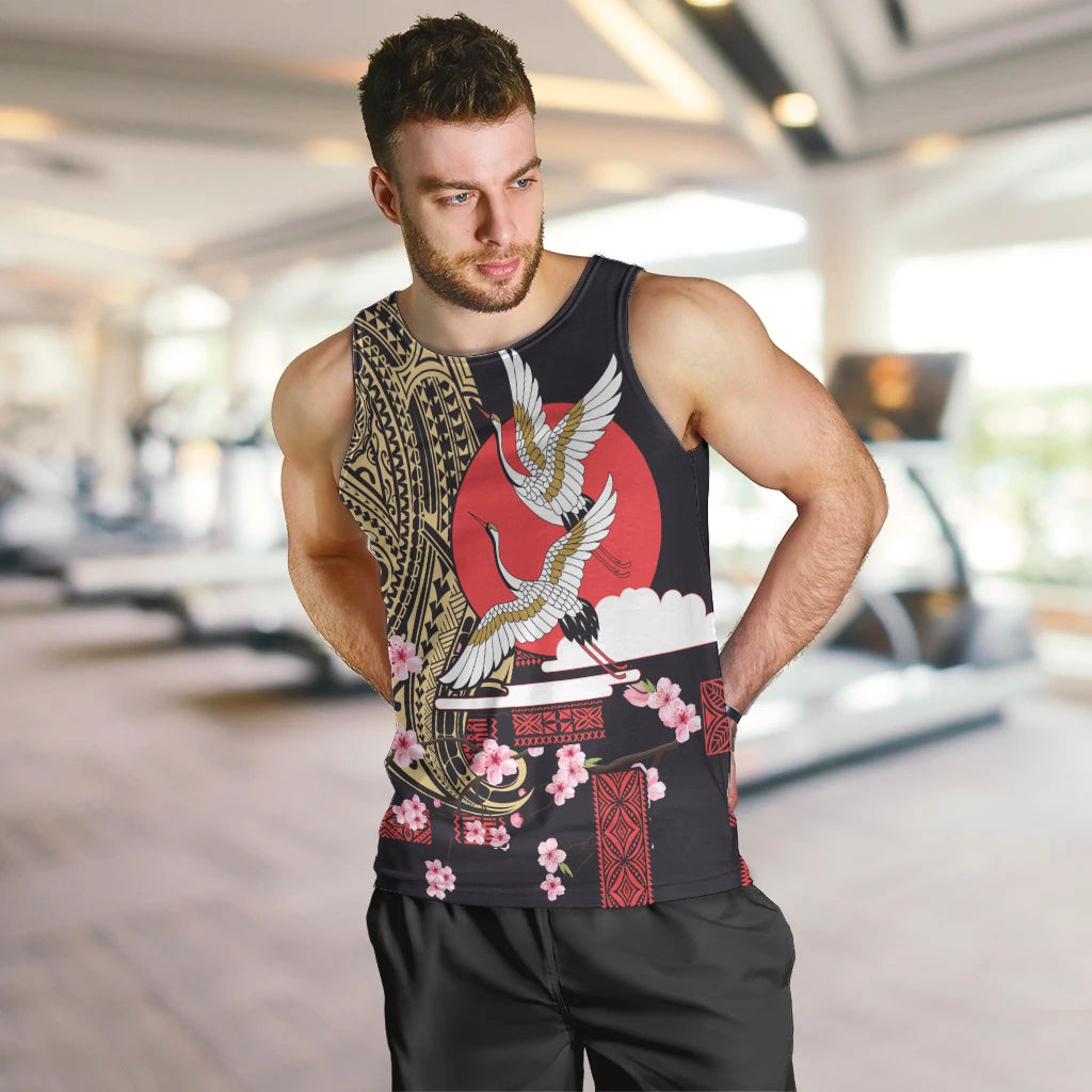 Japanese Culture and Hawaiian Tribal Men Tank Top Sakura Blossom Tapa Pattern LT03 Black - Polynesian Pride