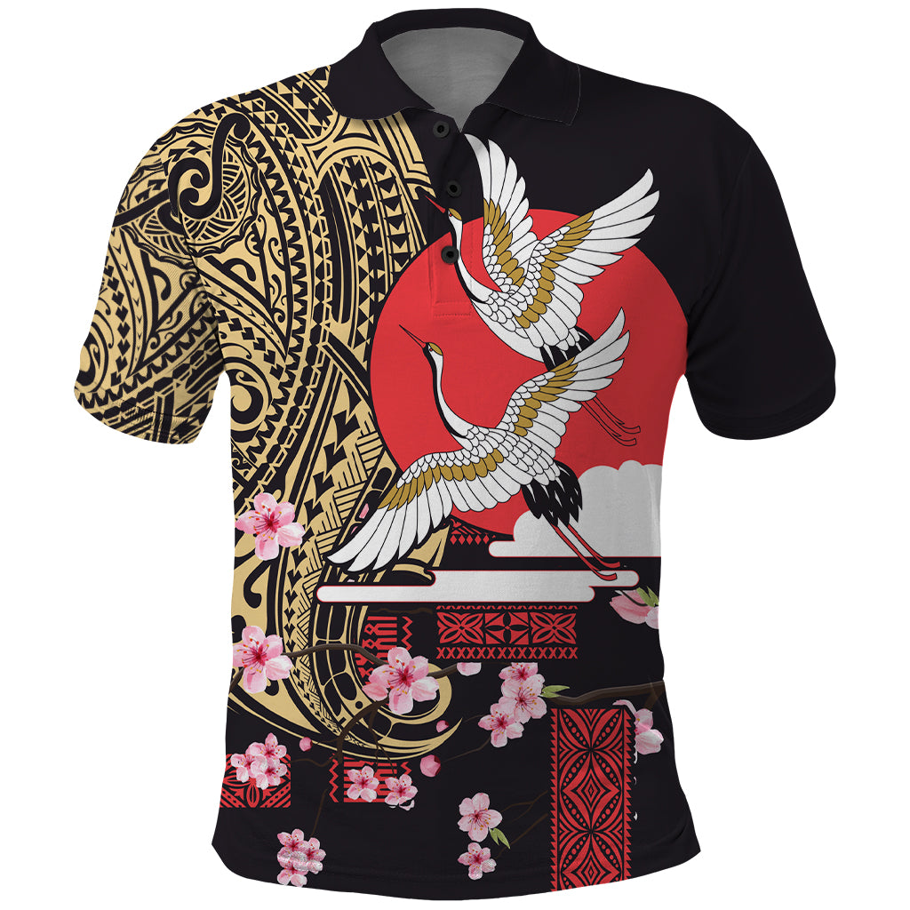 Japanese Culture and Hawaiian Tribal Polo Shirt Sakura Blossom Tapa Pattern LT03 Black - Polynesian Pride