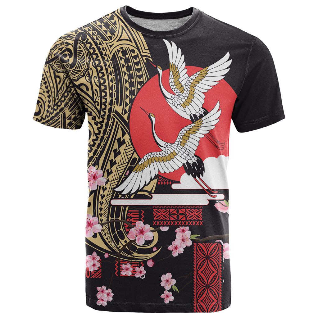 Japanese Culture and Hawaiian Tribal T Shirt Sakura Blossom Tapa Pattern LT03 Black - Polynesian Pride
