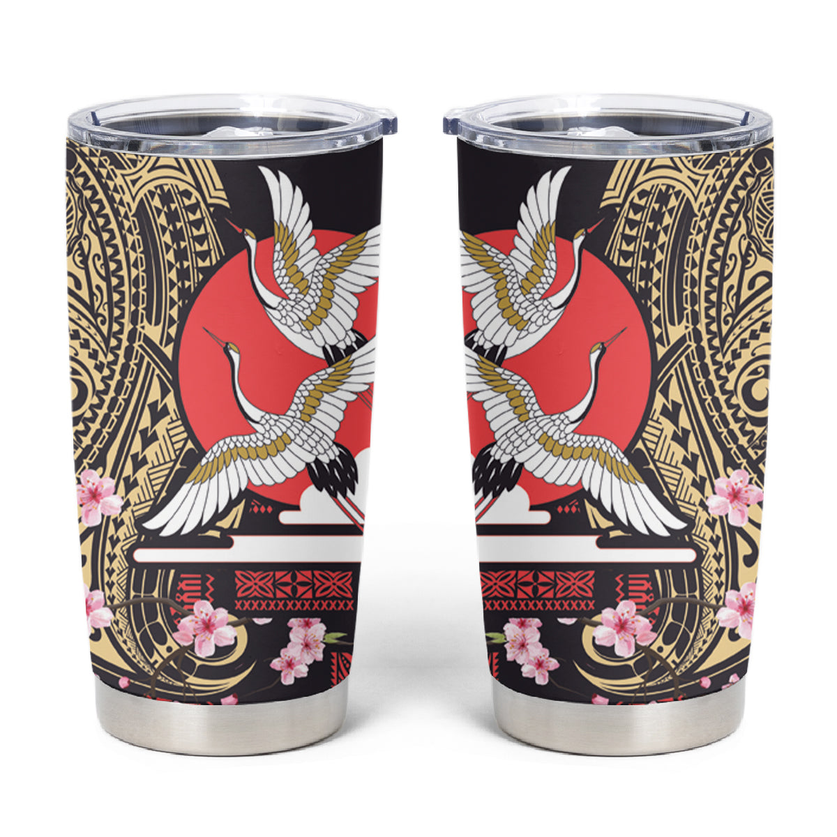 Japanese Culture and Hawaiian Tribal Tumbler Cup Sakura Blossom Tapa Pattern LT03 Black - Polynesian Pride