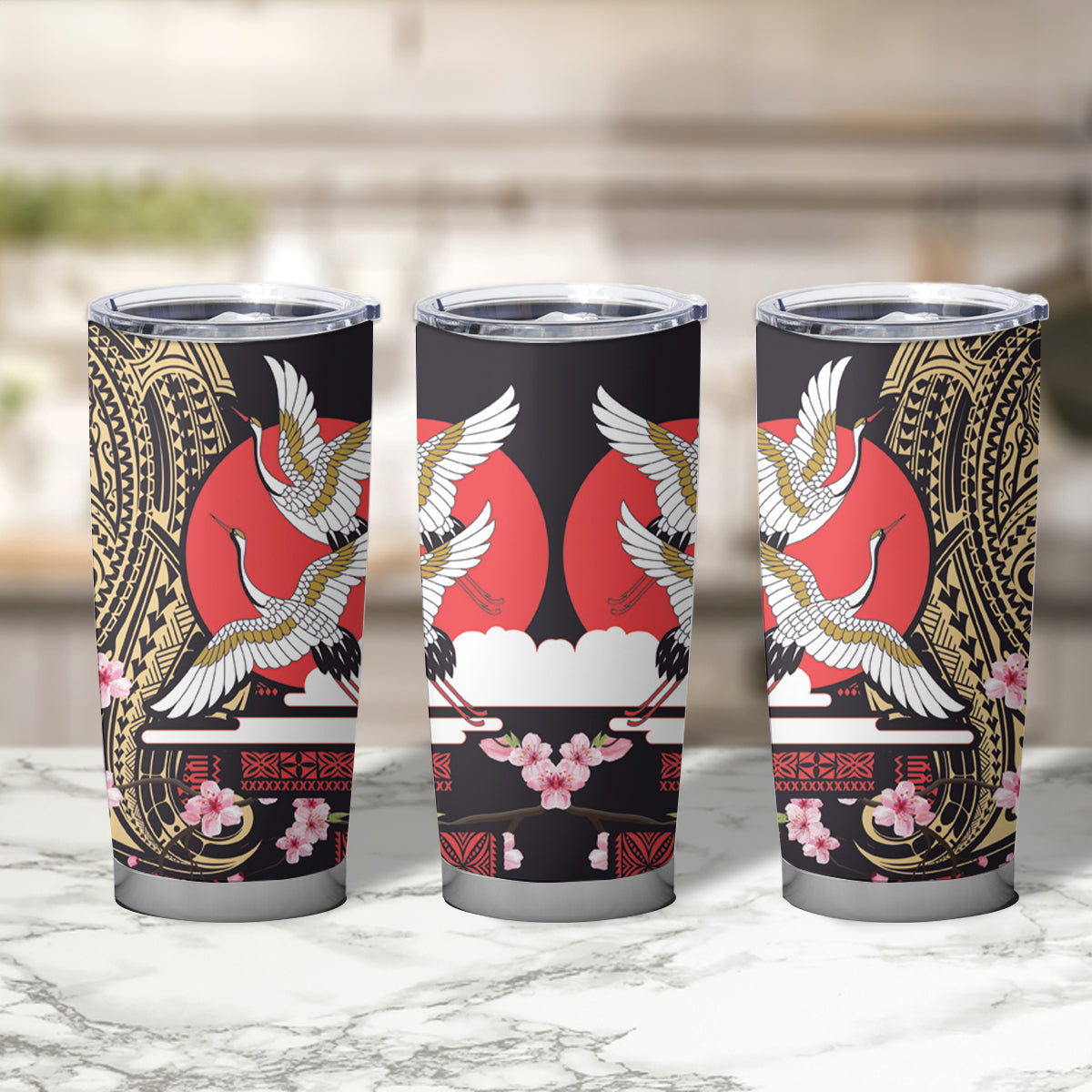 Japanese Culture and Hawaiian Tribal Tumbler Cup Sakura Blossom Tapa Pattern LT03 - Polynesian Pride