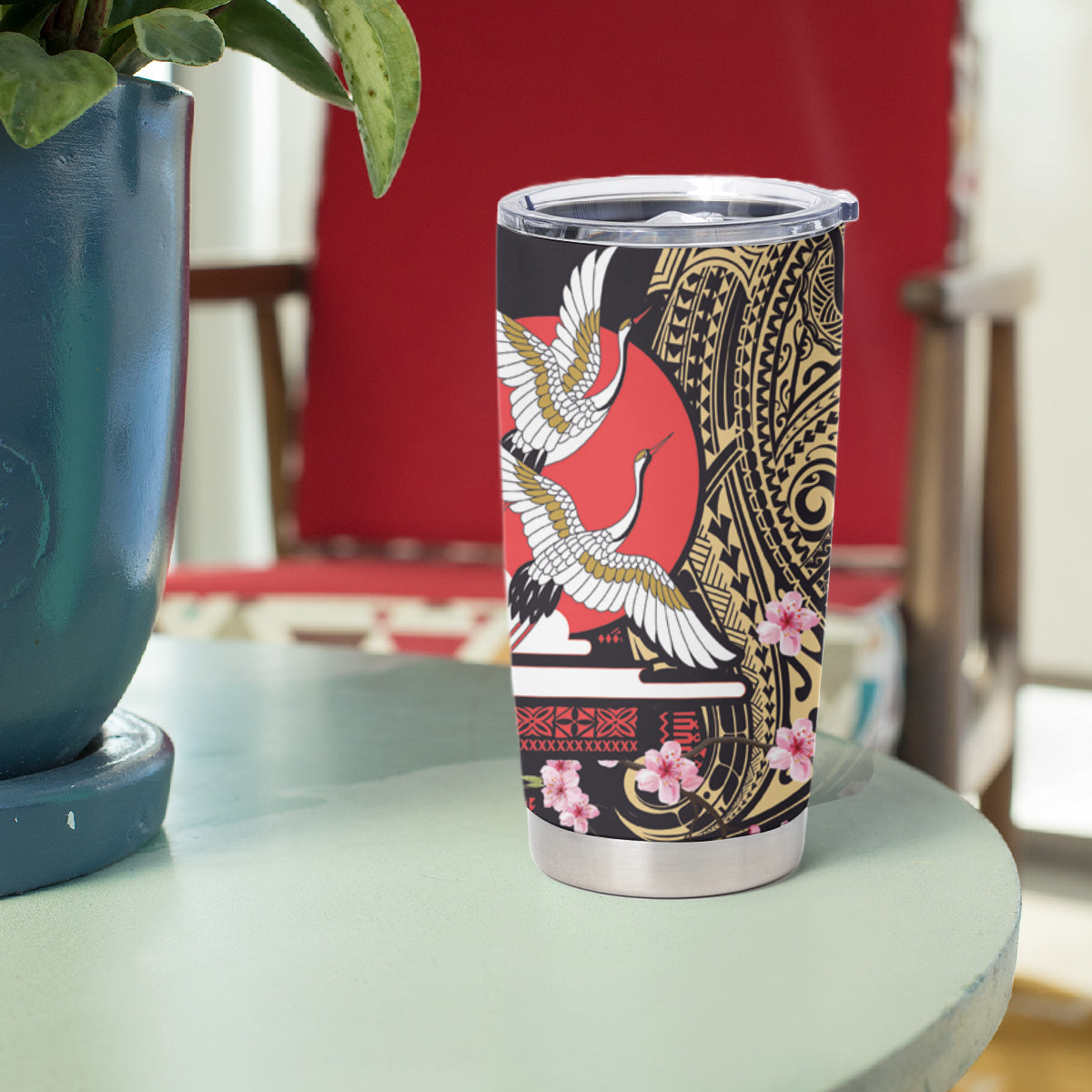 Japanese Culture and Hawaiian Tribal Tumbler Cup Sakura Blossom Tapa Pattern LT03 - Polynesian Pride