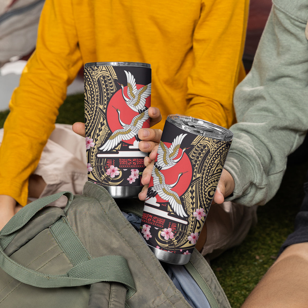 Japanese Culture and Hawaiian Tribal Tumbler Cup Sakura Blossom Tapa Pattern LT03 - Polynesian Pride