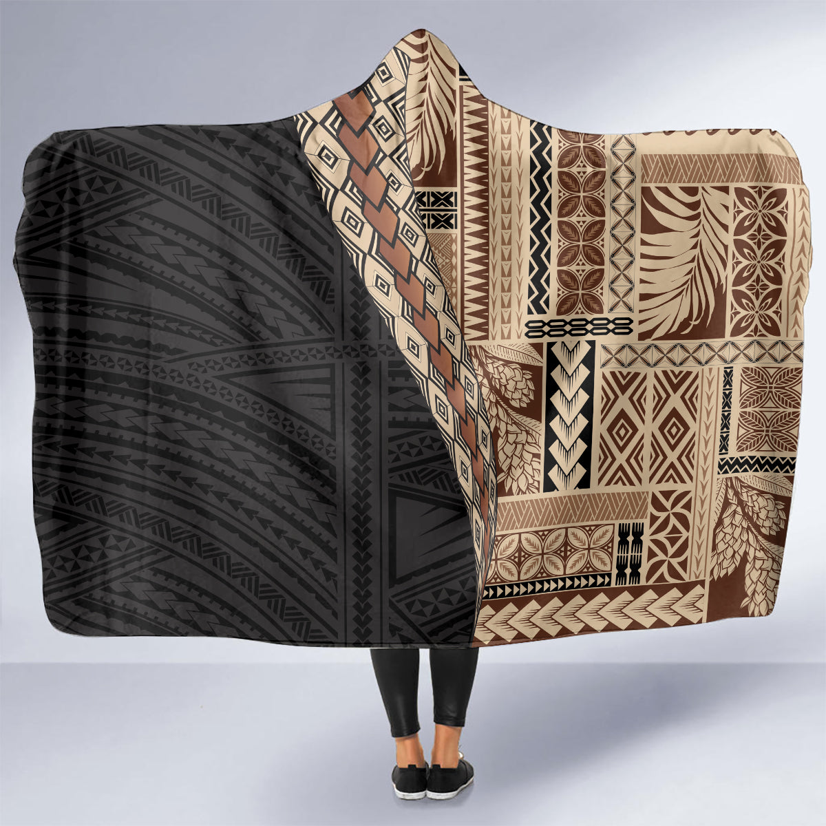 Samoa Siapo Motif Half Style Hooded Blanket Brown Version LT03 - Polynesian Pride