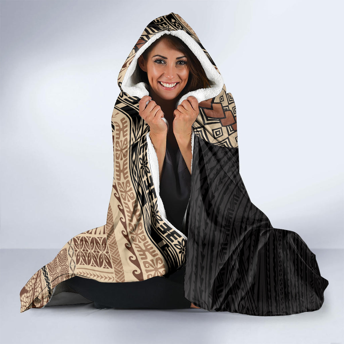 Samoa Siapo Motif Half Style Hooded Blanket Brown Version LT03 - Polynesian Pride