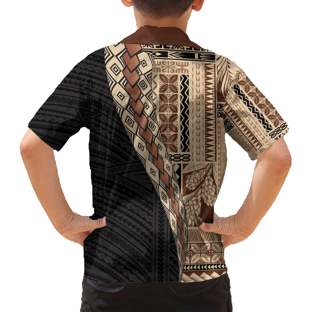 Samoa Siapo Motif Half Style Kid Hawaiian Shirt Brown Version LT03 - Polynesian Pride
