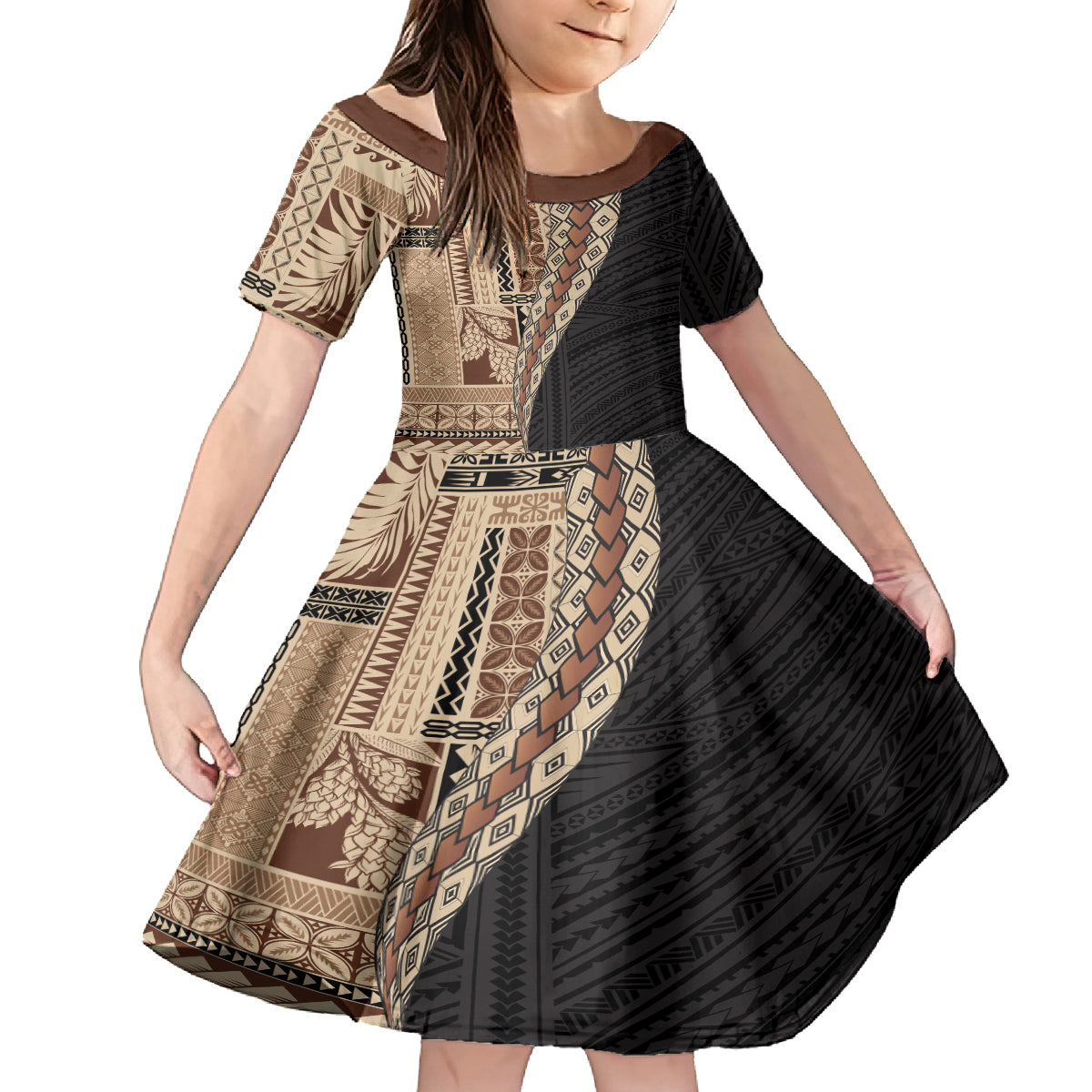 Samoa Siapo Motif Half Style Kid Short Sleeve Dress Brown Version LT03 KID Brown - Polynesian Pride