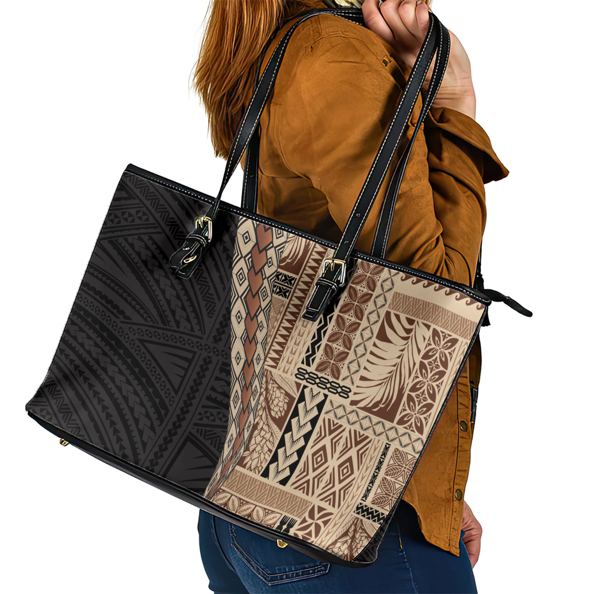 Samoa Siapo Motif Half Style Leather Tote Bag Brown Version LT03 - Polynesian Pride