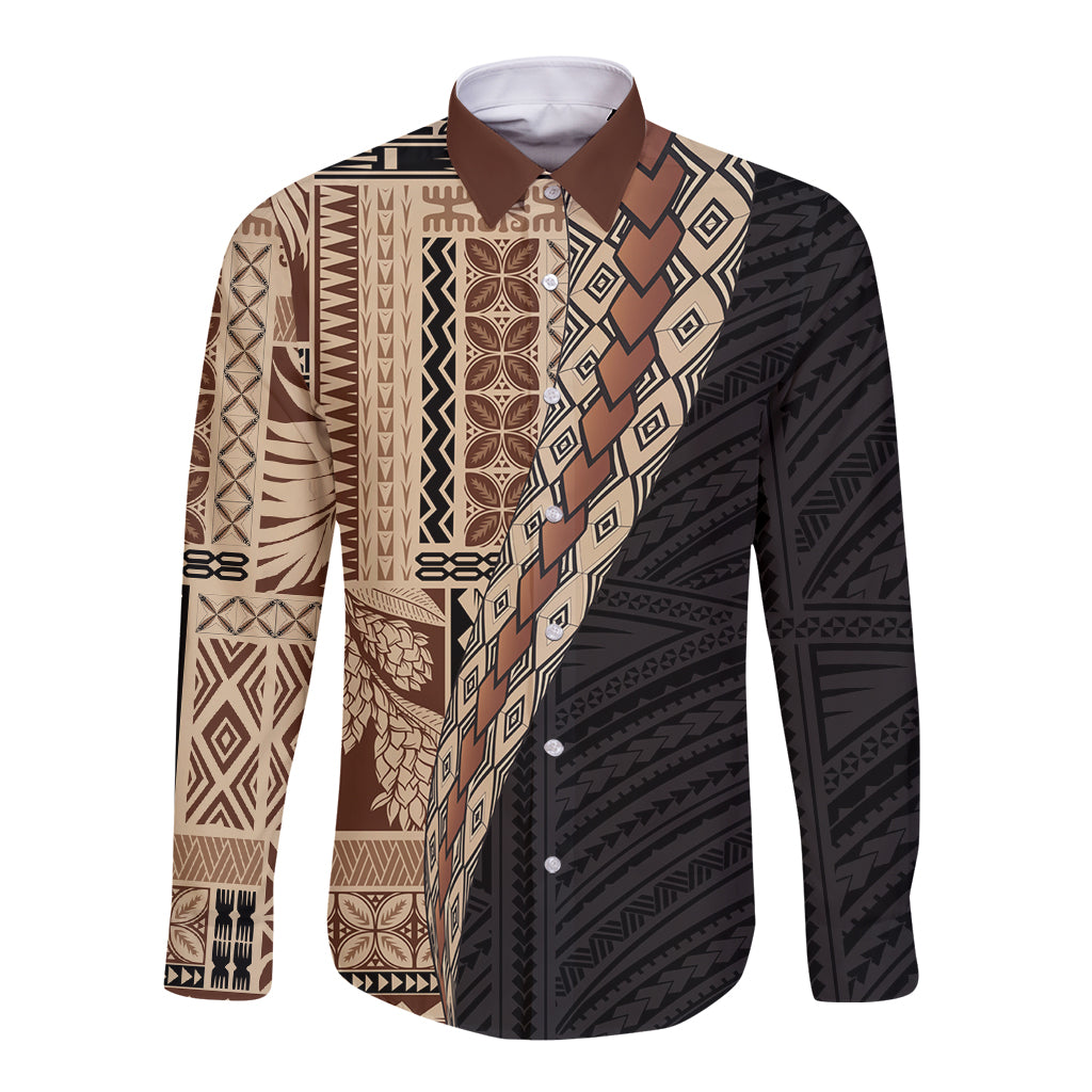 Samoa Siapo Motif Half Style Long Sleeve Button Shirt Brown Version LT03 Unisex Brown - Polynesian Pride
