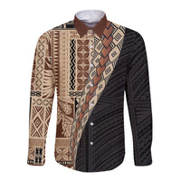 Samoa Siapo Motif Half Style Long Sleeve Button Shirt Brown Version LT03 Unisex Brown - Polynesian Pride
