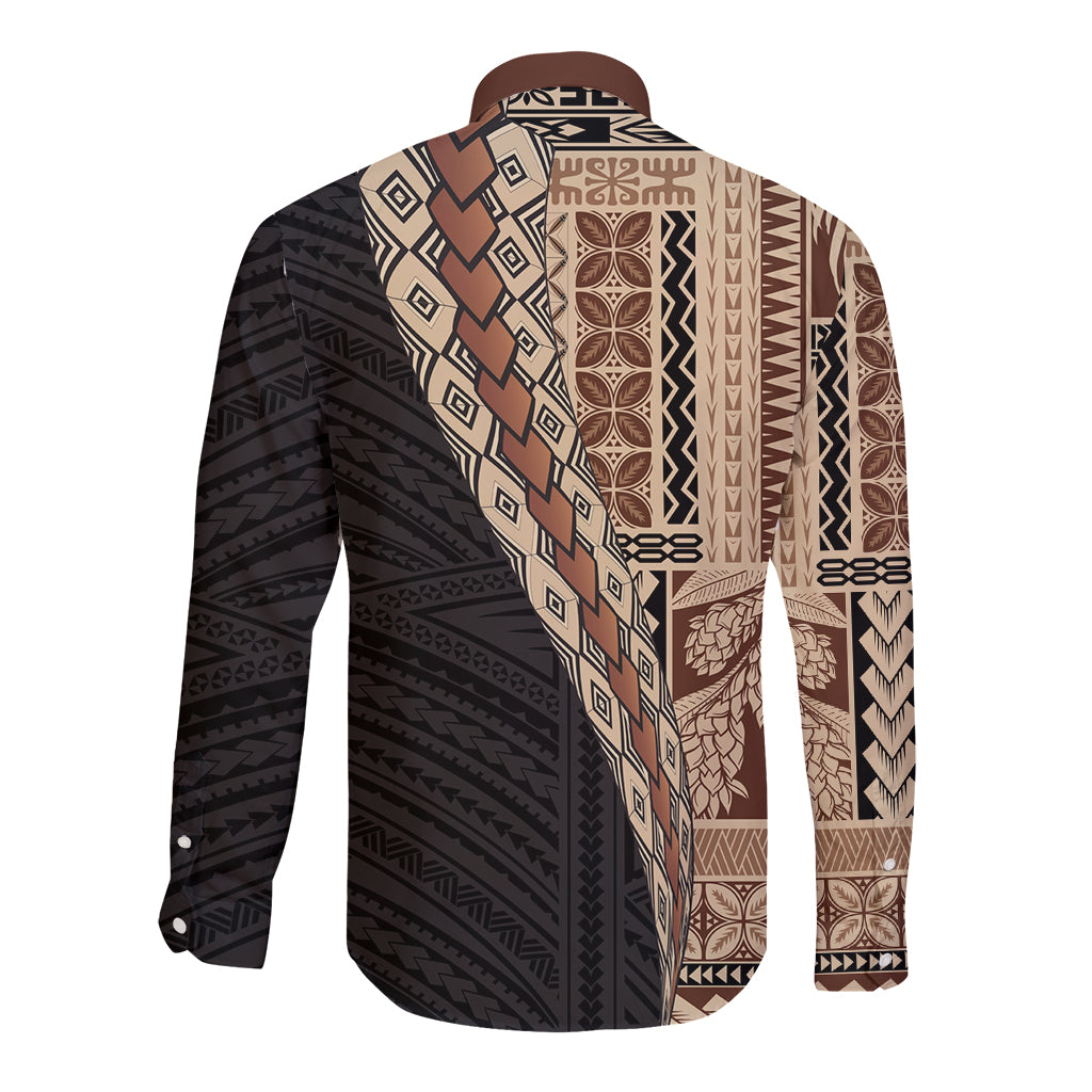 Samoa Siapo Motif Half Style Long Sleeve Button Shirt Brown Version LT03 - Polynesian Pride