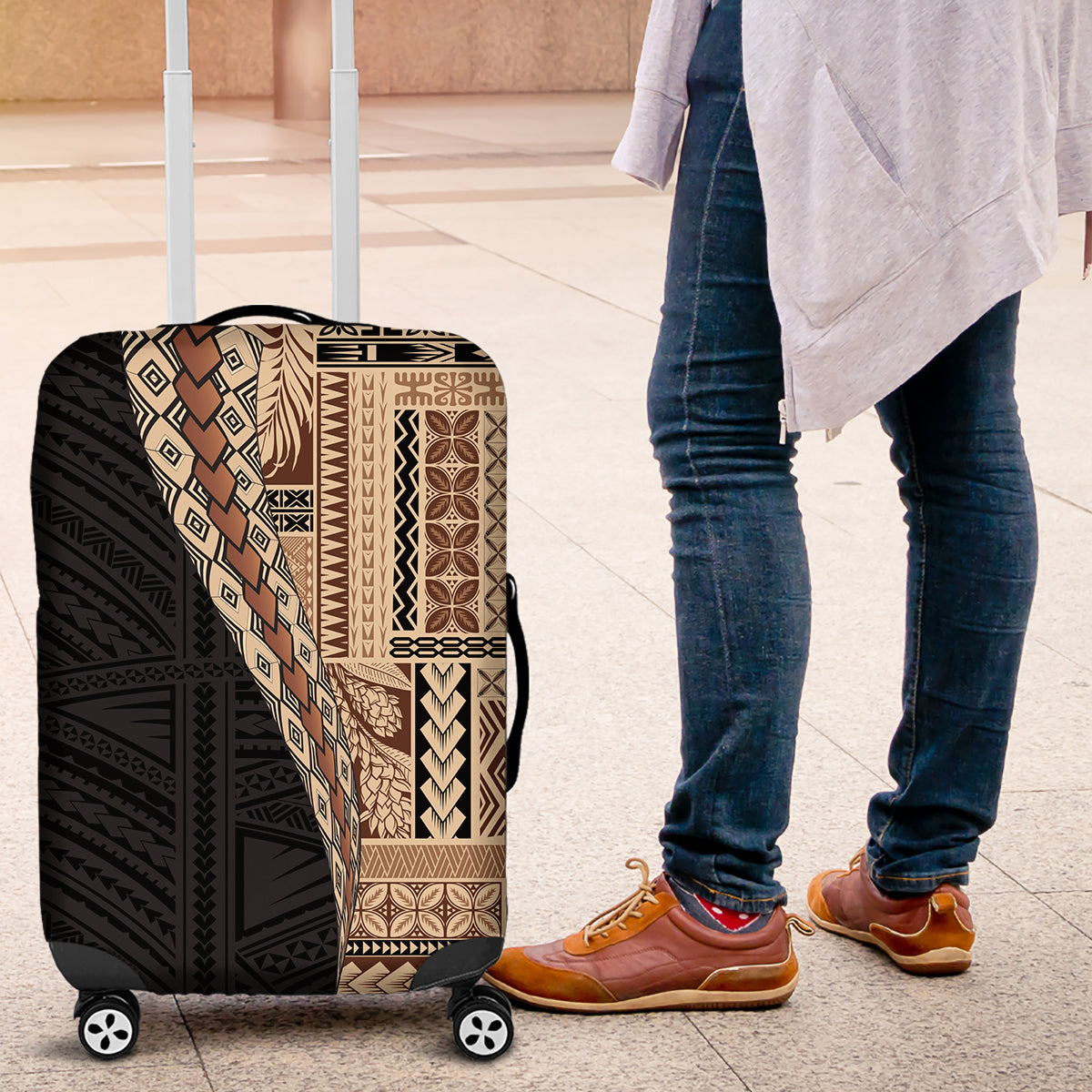 Samoa Siapo Motif Half Style Luggage Cover Brown Version LT03 Brown - Polynesian Pride