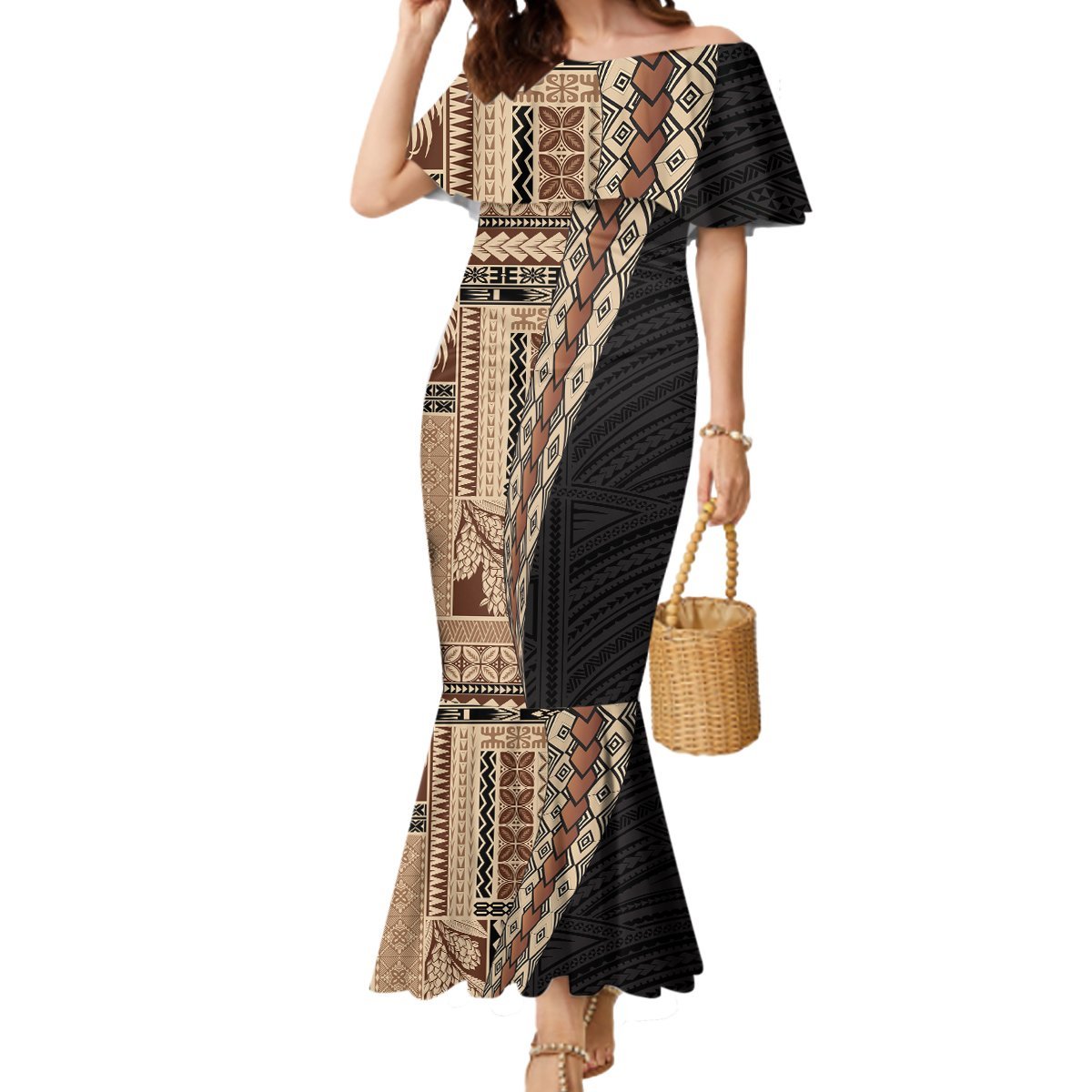 Samoa Siapo Motif Half Style Mermaid Dress Brown Version LT03 Women Brown - Polynesian Pride