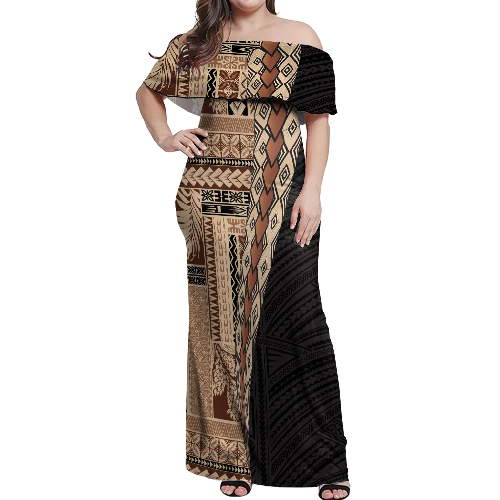 Samoa Siapo Motif Half Style Off Shoulder Maxi Dress Brown Version LT03 Women Brown - Polynesian Pride