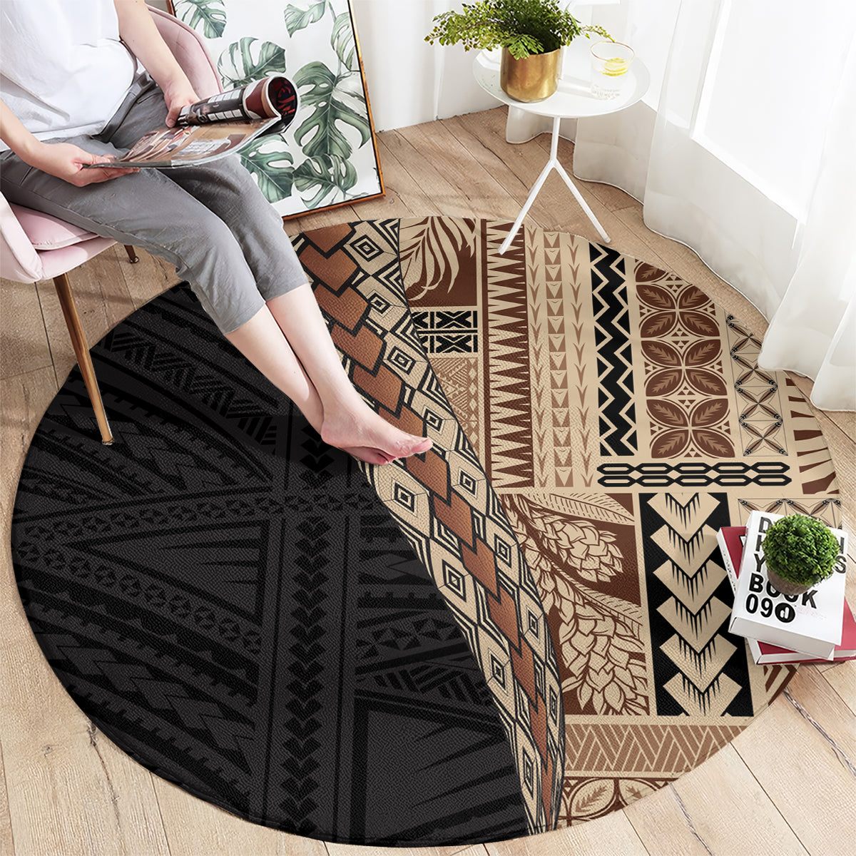 Samoa Siapo Motif Half Style Round Carpet Brown Version LT03 - Polynesian Pride