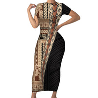 Samoa Siapo Motif Half Style Short Sleeve Bodycon Dress Brown Version LT03 Long Dress Brown - Polynesian Pride