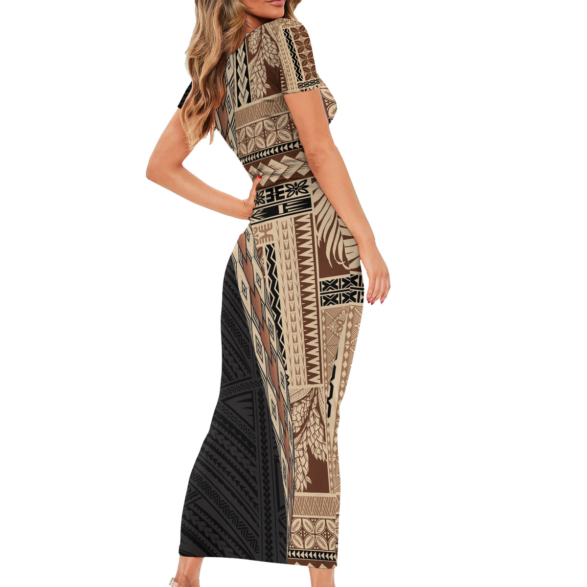 Samoa Siapo Motif Half Style Short Sleeve Bodycon Dress Brown Version LT03 - Polynesian Pride