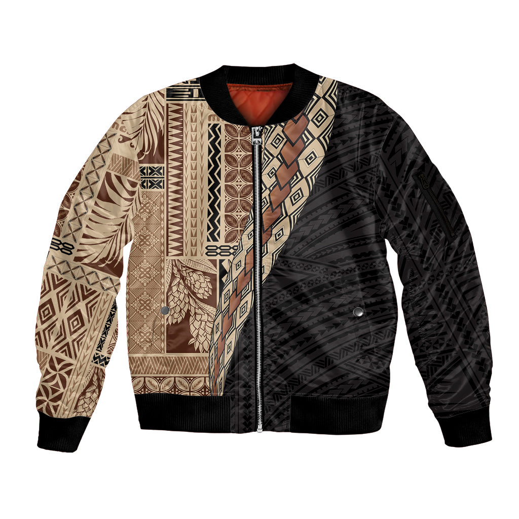 Samoa Siapo Motif Half Style Sleeve Zip Bomber Jacket Brown Version LT03 Unisex Brown - Polynesian Pride
