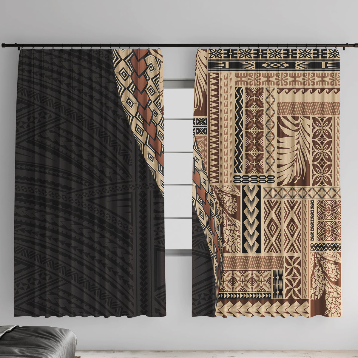 Samoa Siapo Motif Half Style Window Curtain Brown Version LT03 With Hooks Brown - Polynesian Pride